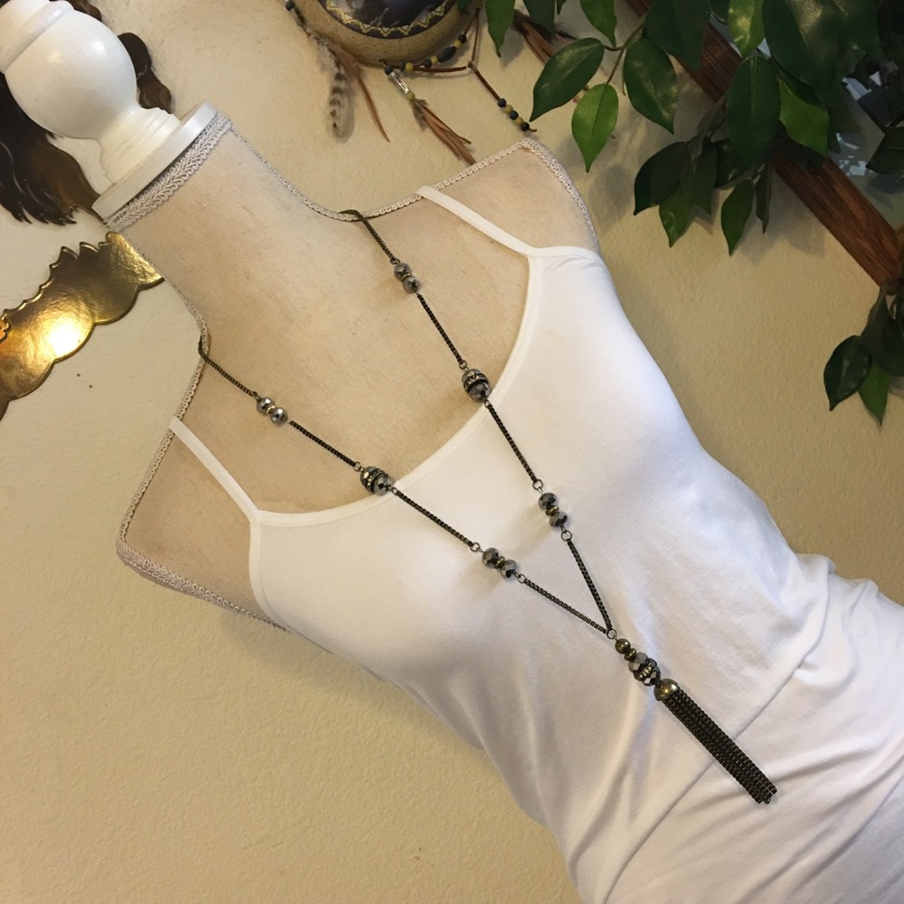 Vintage sparkle bead chain tassel long necklace